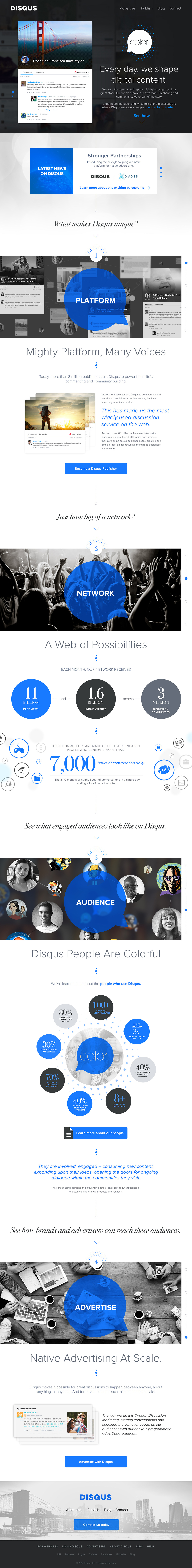 Full advertising platform page: 'Every day, we shape digital content', with platform, network, audience, and native advertising sections