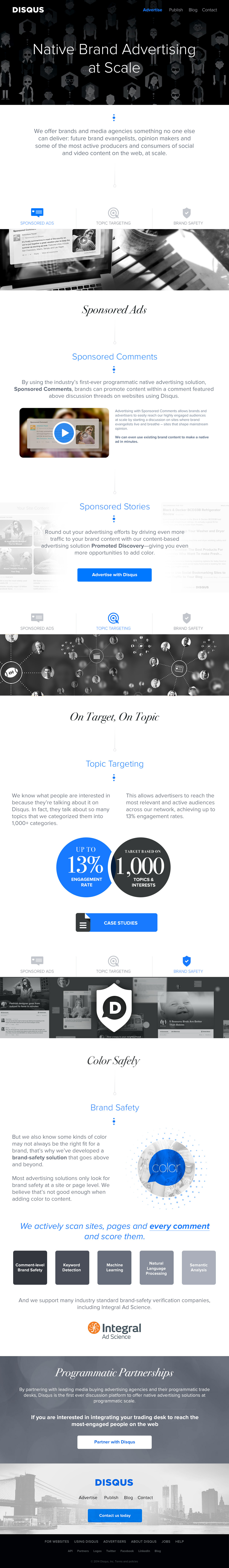 Full native advertising page: sponsored ads, sponsored comments and stories, topic targeting, and brand safety sections