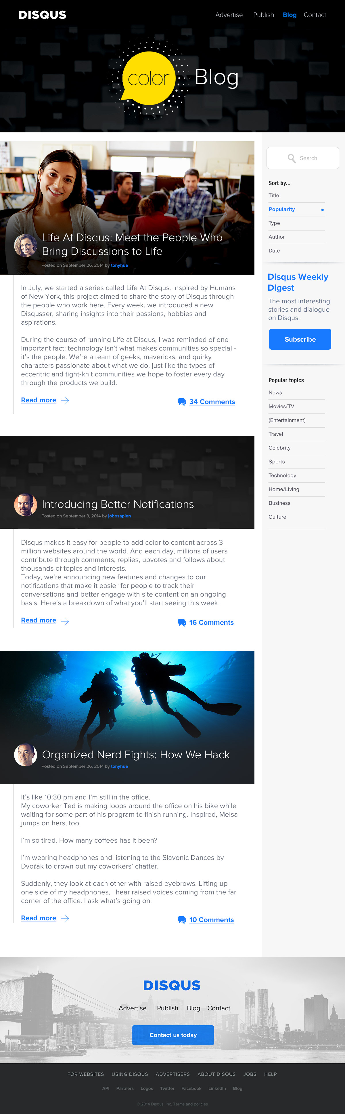 Full blog page: 'Life at Disqus' article listing with sidebar search, weekly digest signup, and popular topics