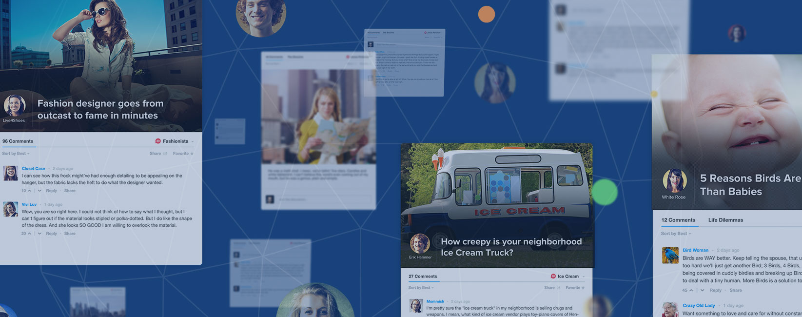 Collage of Disqus comment threads on article cards against a dark blue field