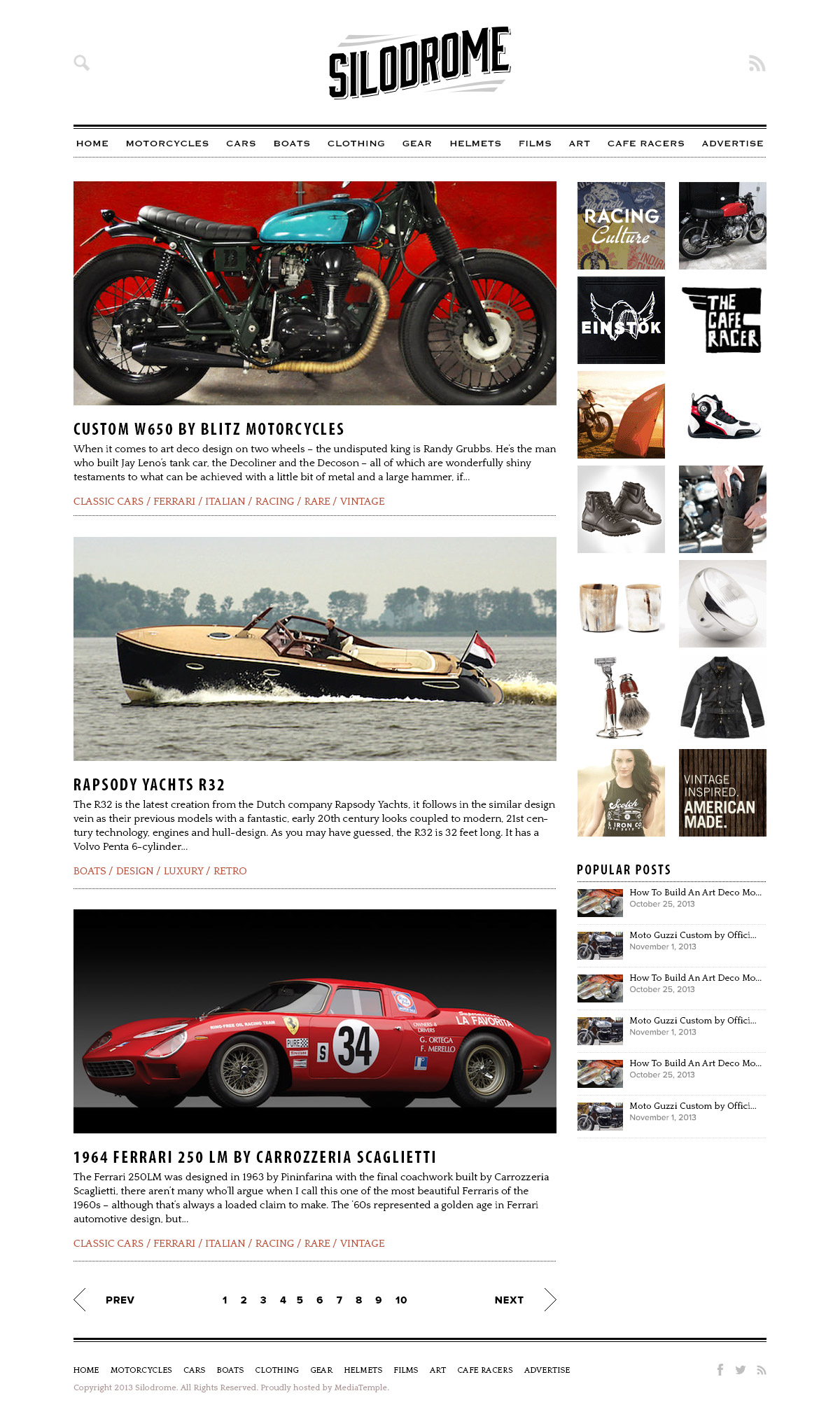 Silodrome home: centered wordmark, category nav, article feed with motorcycle photos, and a sidebar of product thumbnails