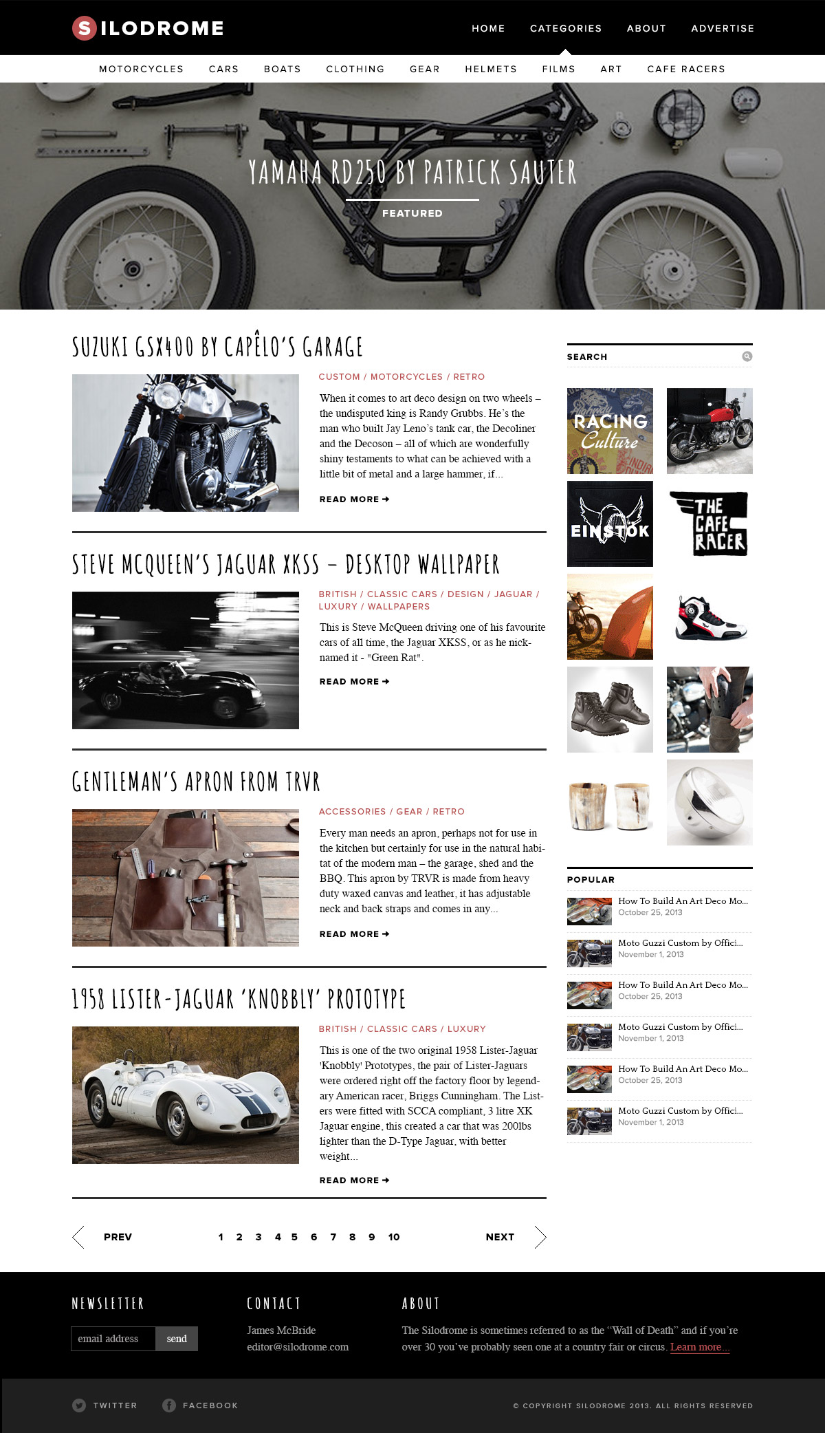 Silodrome home: featured Yamaha RD250 hero, then custom motorcycle, car, and gear posts beside a popular sidebar