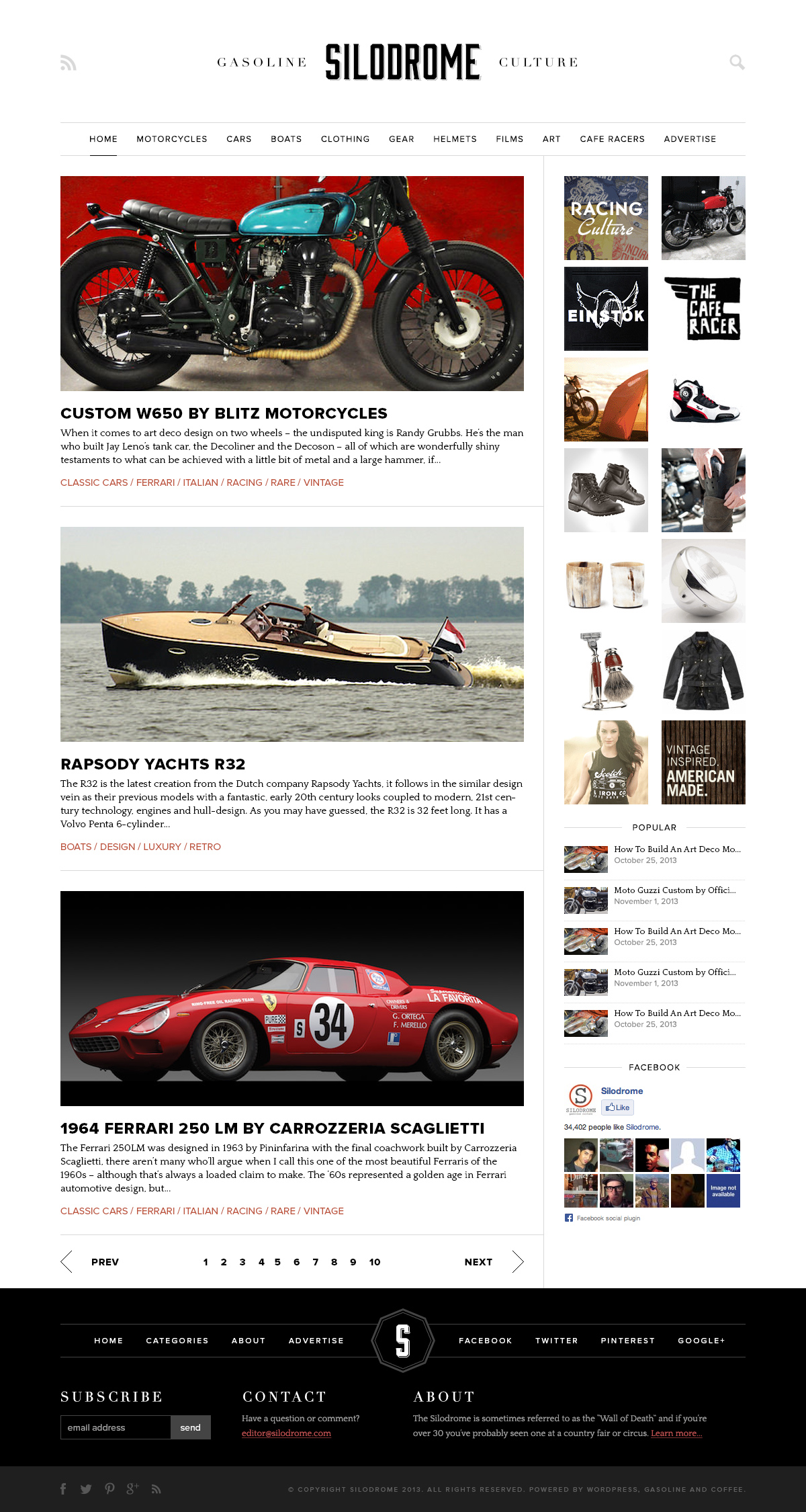 Silodrome home: Gasoline Culture masthead, article stack with yacht and motorcycle photos, and a dark footer